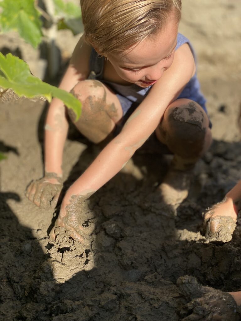 A child planting a plant in the garden